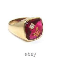 10K Yellow Gold Men's Pink Ruby Diamond Mason Masonic Ring 10.5