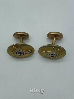 10k Yellow Gold Mason Masonic Compass Oval Retro Cufflinks Cuff Links Vintage