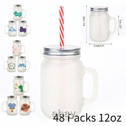 12oz Sublimation Frosted Mason Jar Cup with Handle, Metal Lids & Plastic Straws