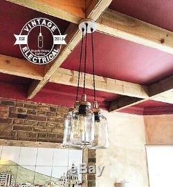 3 X Hanging Kilner Mason Jam Jar Lights Cluster Ceiling Cafe E27 Table Lamps