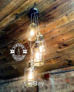 4 X Hanging Kilner Mason Jam Jar Lights Ceiling Bar Vintage E27 Screw Lamps