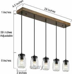 5 Lights Linear Chandelier Glass Mason Jar Pendant Hanging Lamp Lighting Fixture