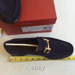 $650 Salvatore Ferragamo US 7 EE MASON Suede Blue Loafers Gold Gancini Hardware