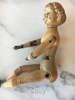 Antique Joel Ellis Mason Taylor Wood Doll 18th Century Metal Hands And Feet Rare
