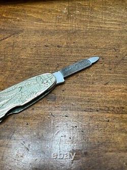 Antique Pocket Folding Knife Masonic Free Masons Grips Ornate Metal Scales 3.5