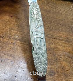 Antique Pocket Folding Knife Masonic Free Masons Grips Ornate Metal Scales 3.5