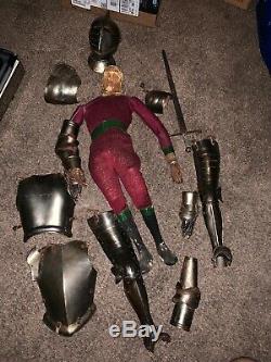 Antique Wooden Carved Medival Soldier Knight Mason Doll With Metal Armour Rare