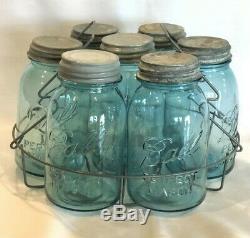 Ball Perfect Mason Blue Jars & Zinc Lids Metal Wire Rack Vintage Quart set of 7