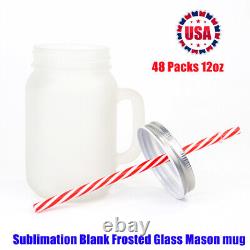 Bundle 48 Packs 12oz Sublimation Frosted Glass Mason Jar Cup with Lids & Straw