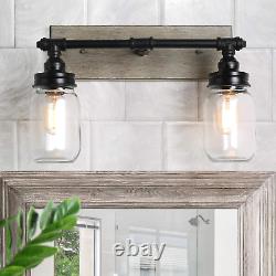 Faux-Wood Bathroom Light Fixtures, Farmhouse 2 Vanity Light with Mason Jar Shade