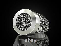Free mason Masonic Stones Compass 925 Sterling Silver religious Men's Ring Gift