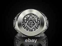 Free mason Masonic Stones Compass 925 Sterling Silver religious Men's Ring Gift
