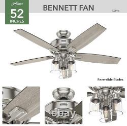 Hunter 52 Bennet Brushed Nickel Mason Jar 3 Light LED Ceiling Fan