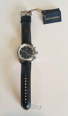 Jack Mason Nautical Watch JM-N112-001 Black Leather Strap Tachymeter Silver Tone