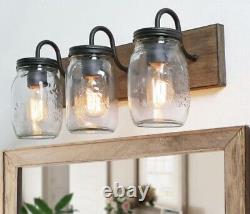 LNC Vanity Light 3-Light Black with Brown Faux Wood Accent Clear Mason Jar Shades