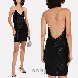 MICHELLE MASON Crystal Strap Black Metallic Backless Mini Wrap Slip Dress Sz S