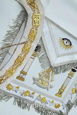 Masonic Regalia Apron Hand Bullion EMBROIDERED PAST MASTER Collar chain White