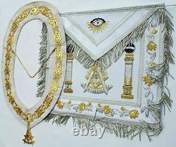 Masonic Regalia Apron Hand Bullion EMBROIDERED PAST MASTER Collar chain White
