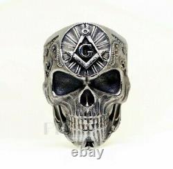 Masonic skull Free Masons heavy solid biker Rider 925 Sterling Silver Ring Gift