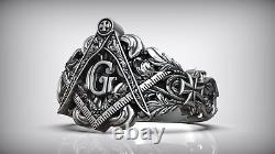 Men Freemason Masonic Gothic Master Pattern Biker Signet Ring 925 Silver Oxidice