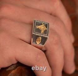 Men Two-Tone Master Mason 0.925 Sterling Silver and 14k Yellow Gold Masonic Ring