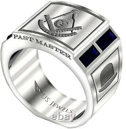 Men's 0.925 Sterling Silver Sapphire Gemstone Past Master Freemason Masonic Ring
