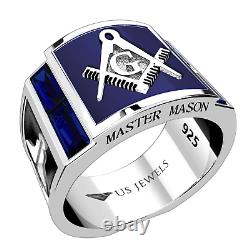 Men's 925 Sterling Silver Synthetic Sapphire Master Mason Masonic Ring