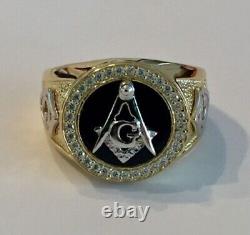 Men's Created Diamond Custom Mason Masonic Black Onyx Ring 14KYellow Gold Finish