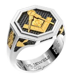 Men's Heavy 925 Sterling Silver & 14K Yellow Gold Master Mason Octagon Ring
