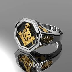 Men's Heavy 925 Sterling Silver & 14K Yellow Gold Master Mason Octagon Ring