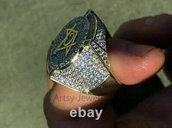 Men's Large Solid 925 Silver 3ct Diamond Masonic Mason Ring 14k Yellow Gold Over