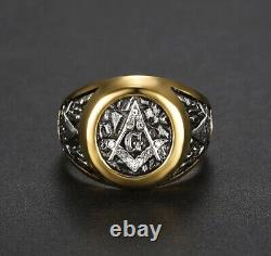 Men's Masonic 14K Yellow Gold Plated Silver Ring Freemasonry Mason UNIQABLE