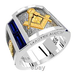 Men's Master Mason Sterling Silver & 14k Yellow Gold Synthetic Sapphire Ring
