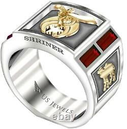 Men's Shriner Two Tone Sterling Silver & Yellow Gold Simulated Ruby Mason Ring