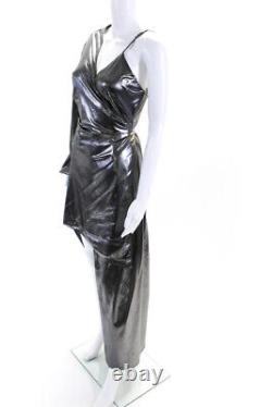 Michelle Mason Womens Chrome Satin Asymmetrical Maxi Wrap Dress Silver Size 6