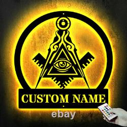 Personalized Mason Square & Compass Metal Wall Art LED Light Custom Masonic Sign