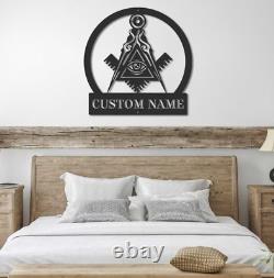 Personalized Mason Square & Compass Metal Wall Art LED Light Custom Masonic Sign