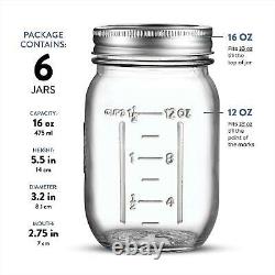 Regular-Mouth Glass Mason Jars, 16-Ounce (6-Pack) Glass Canning Jars with Metal