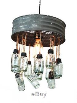 Riddle Sifter Chandelier Aged Round Metal Rim and Tiny Two Tier Light Mason Jars