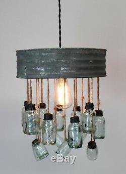 Riddle Sifter Chandelier Aged Round Metal Rim and Tiny Two Tier Light Mason Jars