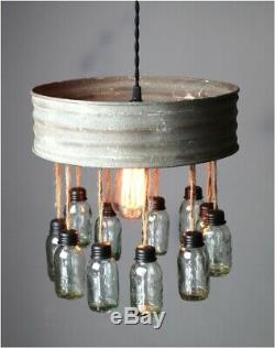 Riddle Sifter Pendant Chandelier Round Metal Rim and Tiny Hanging Mason Jars