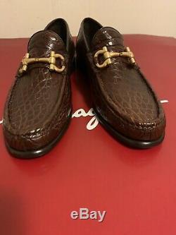 Salvatore Ferragamo Mason 2 Gold Brown Crocodile Skin 0483744 Loafers Shoes 8 D