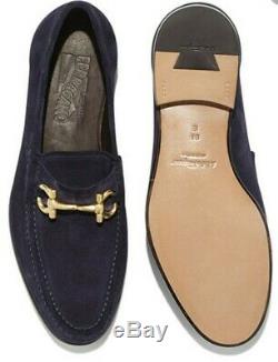 Salvatore Ferragamo Mason Gold Buckle Blue Suede Loafers Size 11 D Bnwt