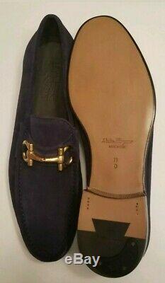 Salvatore Ferragamo Mason Gold Buckle Blue Suede Loafers Size 11 D Bnwt