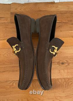 Salvatore Ferragamo Mason Gold Buckle Brown Suede Leather Loafers Mens Sz 10.5D