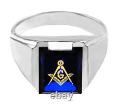Solid White Gold Freemason Blue Stone Square Compass Masonic Mens Ring Letter G