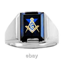Solid White Gold Freemason Blue Stone Square Compass Masonic Mens Ring Letter G