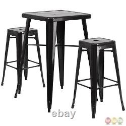 Square Black Metal Outdoor Bar Table Set With 2 Square Seat Backless Barstools