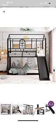 Twin Over Twin Bunk Bed with Slide House Bed Metal Bed Frames Platform Bed Black