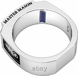 US Jewels Men's 925 Sterling Silver 8mm Master Mason Synthetic Sapphire Ring